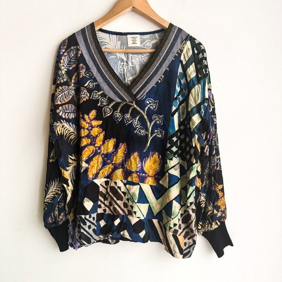 Aldo Martins Floral V Neck Mixed Media Knit Top L - Picture 1 of 7